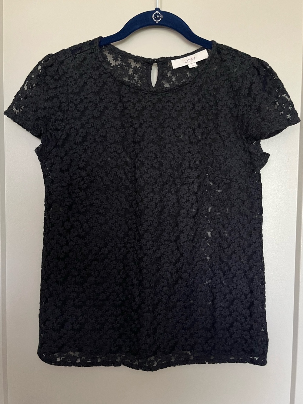 LOFT Black Floral Lace Short Sleeve Blouse